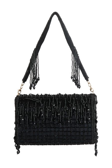 Buy_The Purple Sack_Black Beads, Tassels Beaded Drop Fringe Hand Embroidered Bag _Online_at_Aza_Fashions
