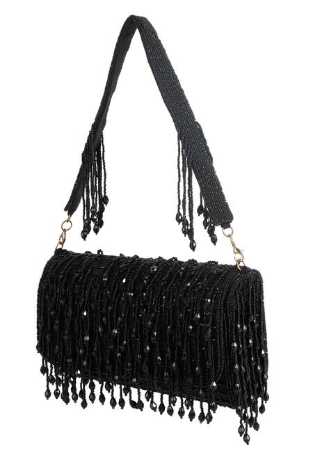 Shop_The Purple Sack_Black Beads, Tassels Beaded Drop Fringe Hand Embroidered Bag _Online_at_Aza_Fashions