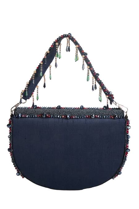 Buy_The Purple Sack_Navy Beads, Tassels Beaded Fringe Raw Silk Handbag _Online_at_Aza_Fashions