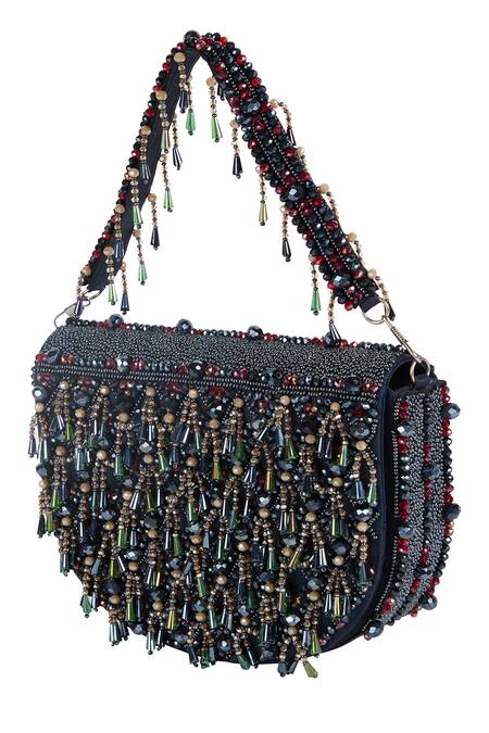 Shop_The Purple Sack_Navy Beads, Tassels Beaded Fringe Raw Silk Handbag _Online_at_Aza_Fashions