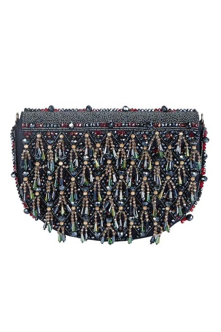 The Purple Sack_Navy Beads, Tassels Beaded Fringe Raw Silk Handbag _at_Aza_Fashions