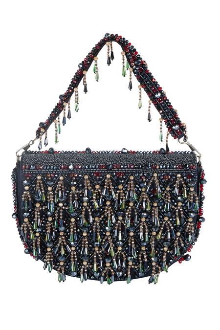 Buy_The Purple Sack_Navy Beads, Tassels Beaded Fringe Raw Silk Handbag 