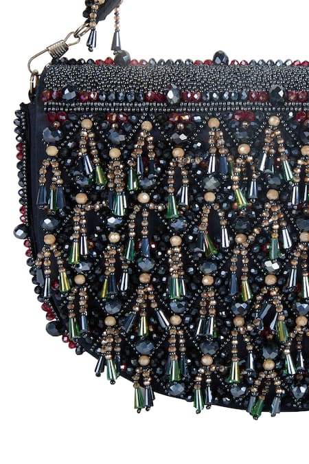 Shop_The Purple Sack_Navy Beads, Tassels Beaded Fringe Raw Silk Handbag 