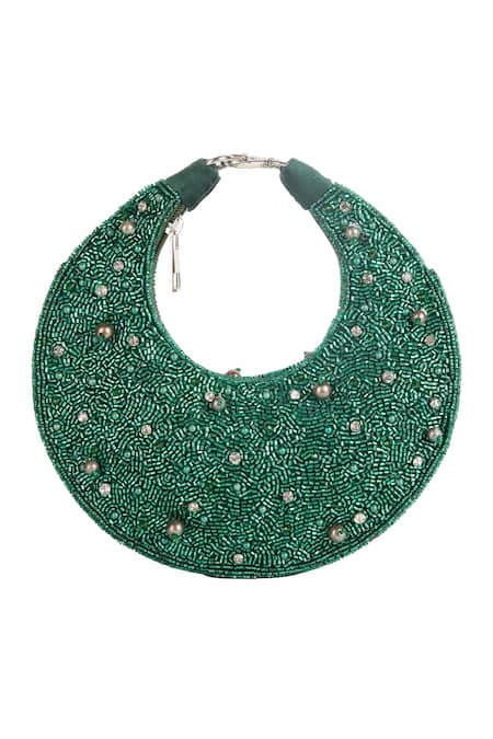 Shop_The Purple Sack_Green Beads, Studs Beaded Embellished Crescent Clutch Bag _Online_at_Aza_Fashions