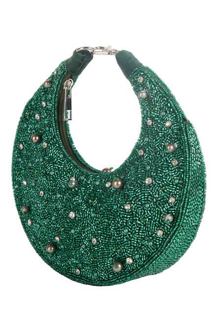 The Purple Sack_Green Beads, Studs Beaded Embellished Crescent Clutch Bag _at_Aza_Fashions
