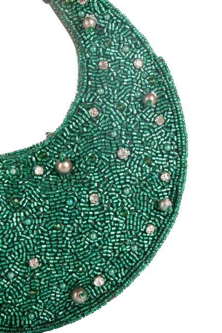 Buy_The Purple Sack_Green Beads, Studs Beaded Embellished Crescent Clutch Bag 