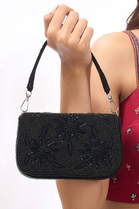 Shop_The Purple Sack_Black Beads, Embroidery Floral Beaded Hand Bag _Online_at_Aza_Fashions