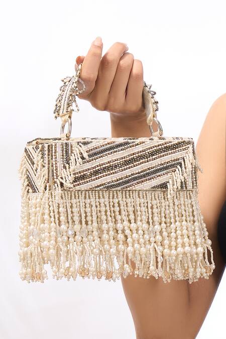 Buy_The Purple Sack_Beige Beads, Pearls, Tassels, Embroidery Beaded Fringe Hand Bag _Online_at_Aza_Fashions