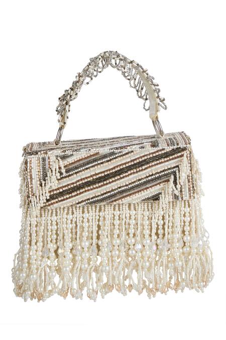 Shop_The Purple Sack_Beige Beads, Pearls, Tassels, Embroidery Beaded Fringe Hand Bag _Online_at_Aza_Fashions