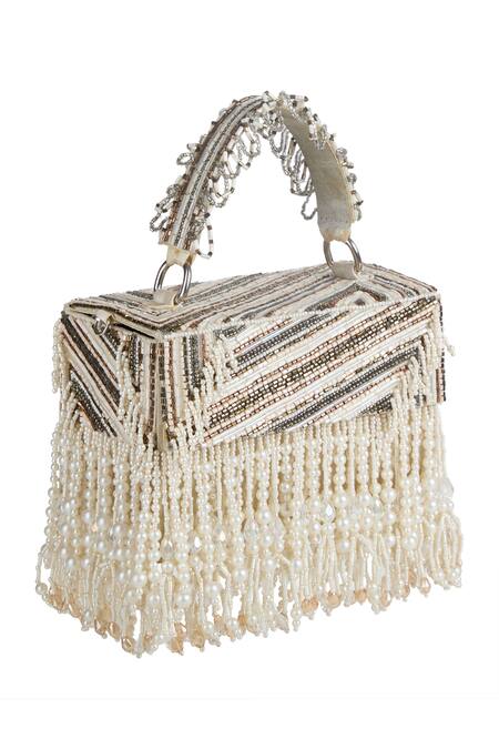 The Purple Sack_Beige Beads, Pearls, Tassels, Embroidery Beaded Fringe Hand Bag _at_Aza_Fashions