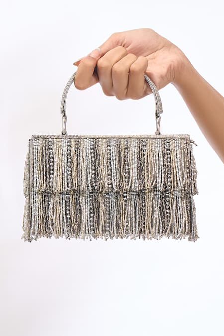 Buy_The Purple Sack_Silver Beads, Fringe Beaded Hand Embroidered Bag _Online_at_Aza_Fashions