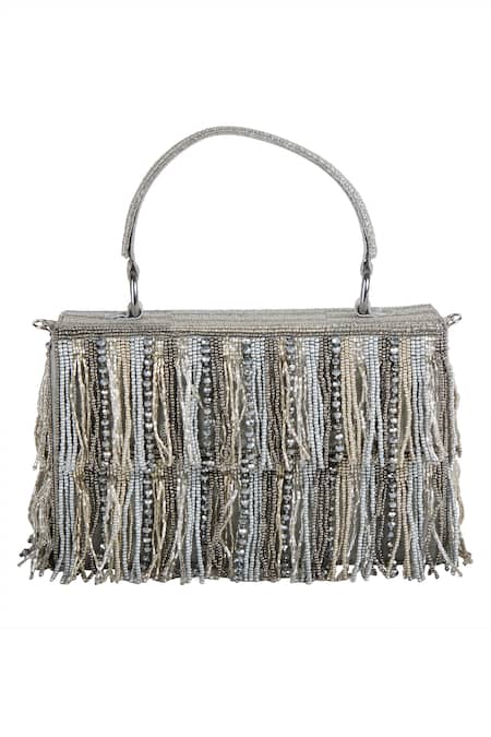 Shop_The Purple Sack_Silver Beads, Fringe Beaded Hand Embroidered Bag _Online_at_Aza_Fashions