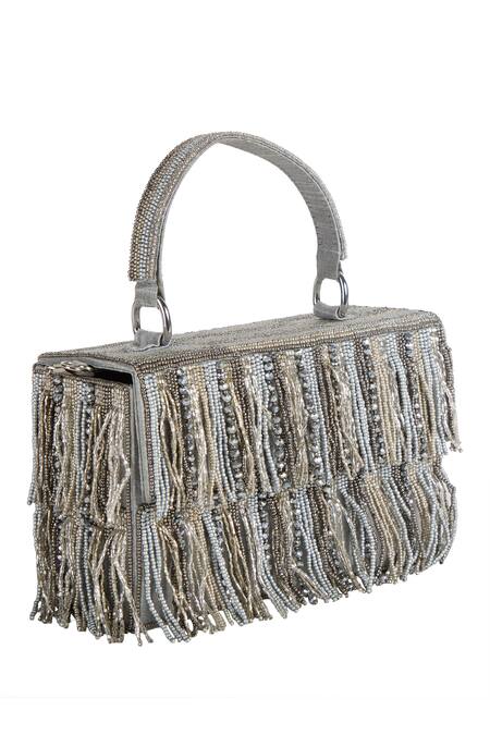 The Purple Sack_Silver Beads, Fringe Beaded Hand Embroidered Bag _at_Aza_Fashions