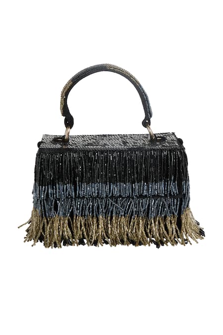 Buy_The Purple Sack_Black Beads, Fringe, Embroidery Beaded Handbag _Online_at_Aza_Fashions