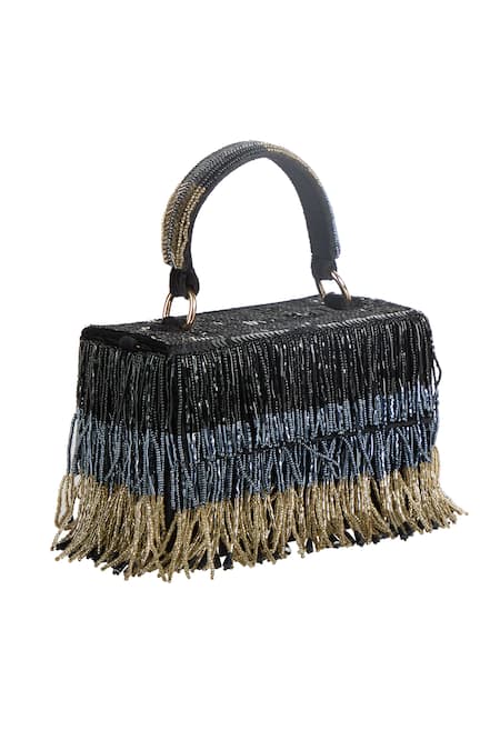 Shop_The Purple Sack_Black Beads, Fringe, Embroidery Beaded Handbag _Online_at_Aza_Fashions
