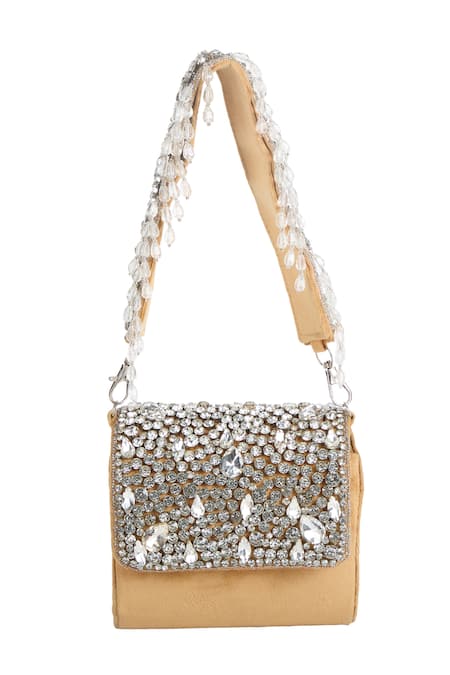 The Purple Sack_Gold Crystals, Beads And Embellished Raw Silk Bag _Online_at_Aza_Fashions