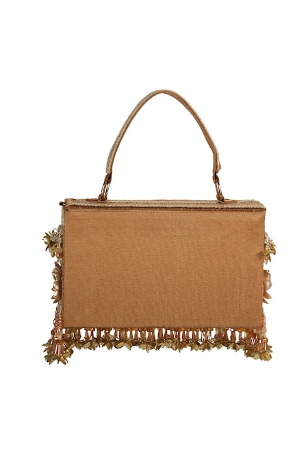 The Purple Sack Floral & Tassel Embellished Raw Silk Bag 