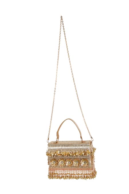 The Purple Sack_Gold Beads, Embroidery, Sequins, Tassels Floral And Embellished Raw Silk Bag _Online_at_Aza_Fashions