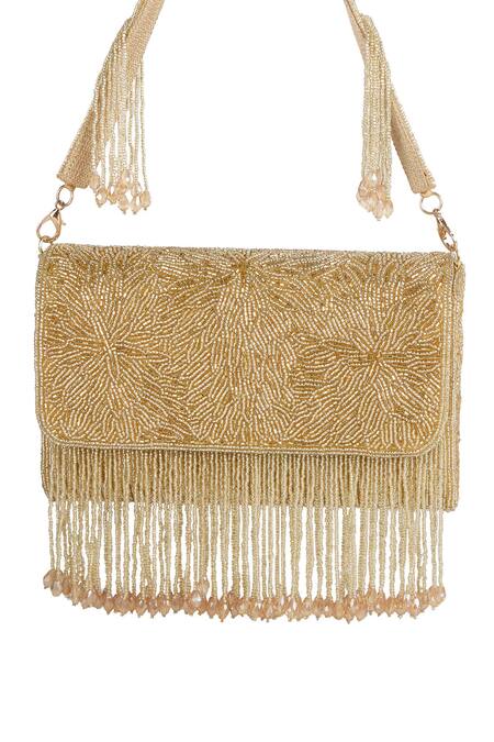 The Purple Sack_Gold Beads, Fringe Beaded Hand Embroidered Clutch _Online_at_Aza_Fashions