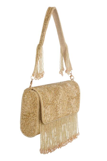 Buy_The Purple Sack_Gold Beads, Fringe Beaded Hand Embroidered Clutch _Online_at_Aza_Fashions