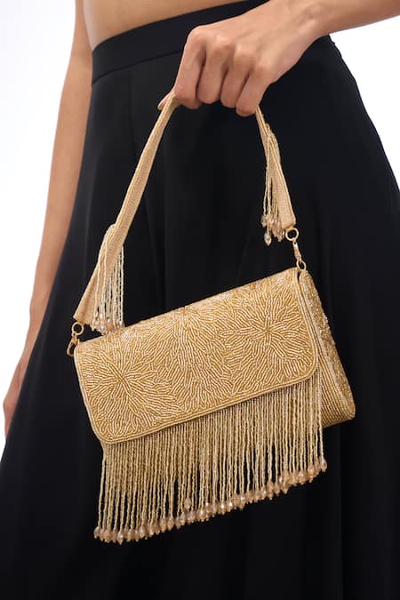 The Purple Sack_Gold Beads, Fringe Beaded Hand Embroidered Clutch _at_Aza_Fashions