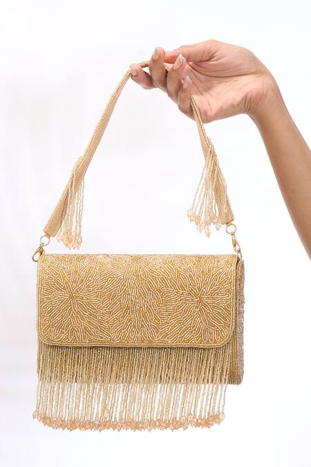 Buy_The Purple Sack_Gold Beads, Fringe Beaded Hand Embroidered Clutch 