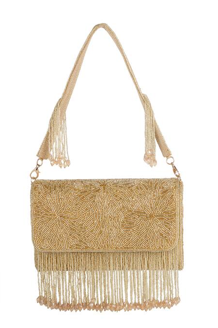 Shop_The Purple Sack_Gold Beads, Fringe Beaded Hand Embroidered Clutch 