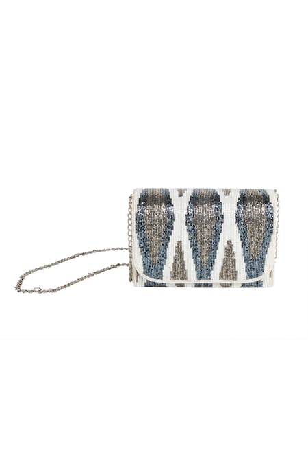 Buy_The Purple Sack_White Beads, Embroidery Beaded Abstract Pattern Clutch Bag _Online_at_Aza_Fashions