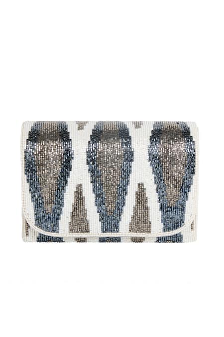 The Purple Sack_White Beads, Embroidery Beaded Abstract Pattern Clutch Bag _at_Aza_Fashions