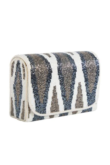 Buy_The Purple Sack_White Beads, Embroidery Beaded Abstract Pattern Clutch Bag 