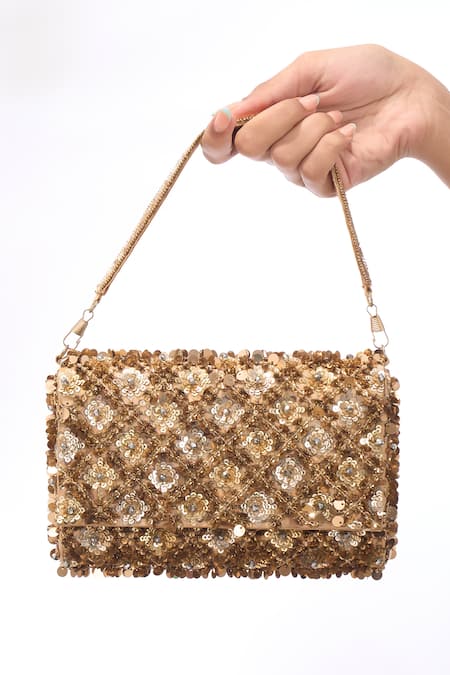 The Purple Sack_Gold Embroidery, Sequins And Beads Hand Bag _Online_at_Aza_Fashions