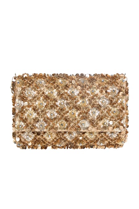 Shop_The Purple Sack_Gold Embroidery, Sequins And Beads Hand Bag _Online_at_Aza_Fashions