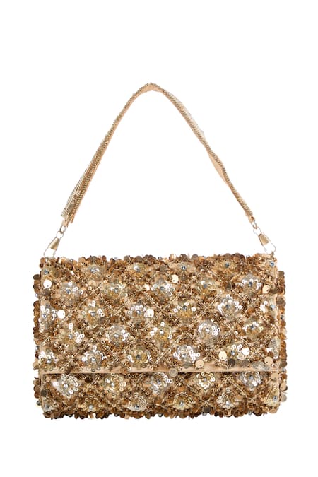 The Purple Sack_Gold Embroidery, Sequins And Beads Hand Bag _at_Aza_Fashions