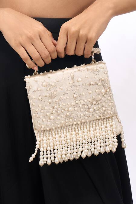 The Purple Sack_White Beads, Pearls, Embroidery Hand And Embellished Bag _at_Aza_Fashions