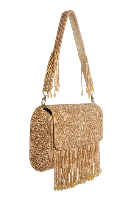 The Purple Sack_Gold Beads, Fringe, Embroidery Beaded Hand Bag _Online_at_Aza_Fashions