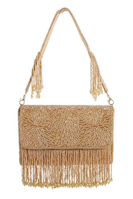 Shop_The Purple Sack_Gold Beads, Fringe, Embroidery Beaded Hand Bag _Online_at_Aza_Fashions