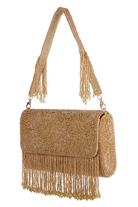 The Purple Sack_Gold Beads, Fringe, Embroidery Beaded Hand Bag _at_Aza_Fashions