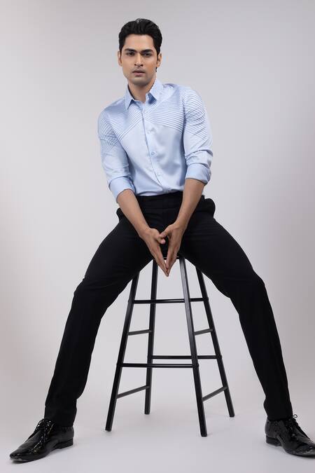 Shop_Yoseba_Sky Blue Cotton Pinstripe Pintuck Shirt _Online_at_Aza_Fashions