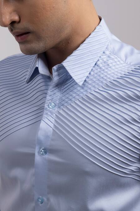Yoseba_Sky Blue Cotton Pinstripe Pintuck Shirt _at_Aza_Fashions