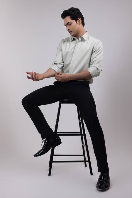 Shop Yoseba Gray Cotton Embroidery Pleat Full-sleeved Button-down Shirt Online at Aza Fashions Shop_Yoseba_Gray Cotton Embroidery Pleat Full-sleeved Button-down Shirt _Online_at_Aza_Fashions