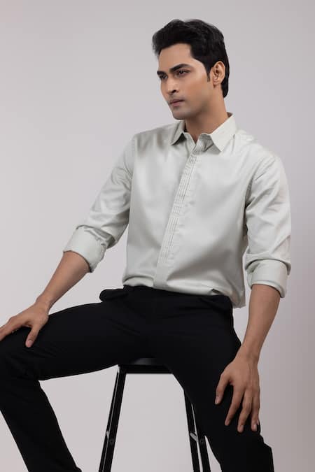 Yoseba Gray Cotton Embroidery Pleat Full-sleeved Button-down Shirt at Aza Fashions Yoseba_Gray Cotton Embroidery Pleat Full-sleeved Button-down Shirt _at_Aza_Fashions