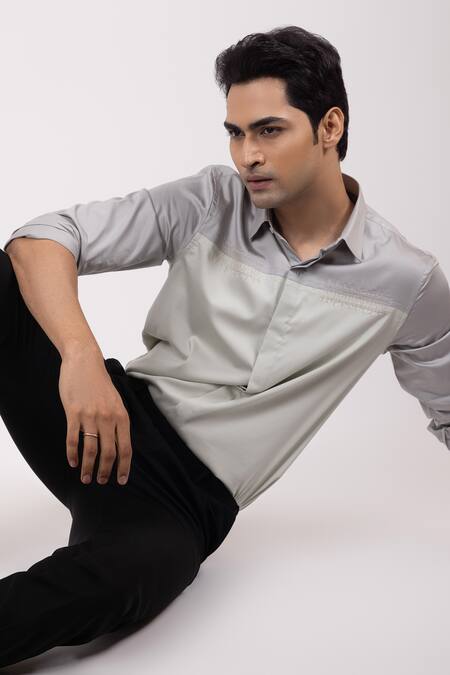 Yoseba_Gray Cotton Embroidery Ashlayer Two-tone Shirt _Online_at_Aza_Fashions