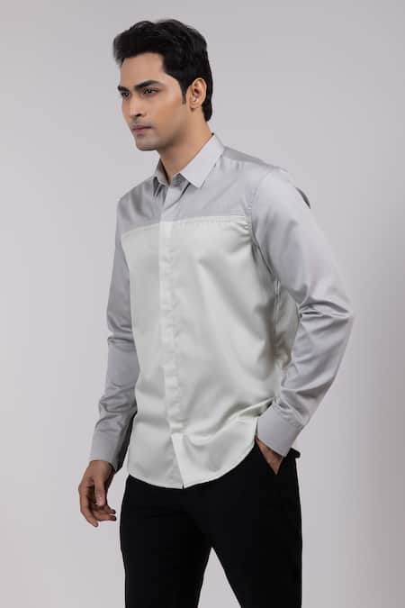 Shop_Yoseba_Gray Cotton Embroidery Ashlayer Two-tone Shirt _Online_at_Aza_Fashions