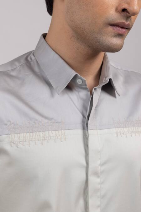 Yoseba_Gray Cotton Embroidery Ashlayer Two-tone Shirt _at_Aza_Fashions