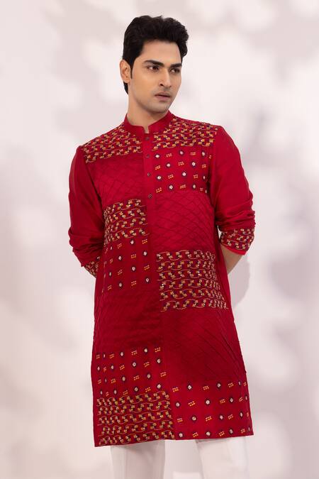 Yoseba Red Chanderi, Cotton Embroidery, Sequins Rang Zarq Mirz Quilted Kurta Set Online at Aza Fashions Yoseba_Red Chanderi, Cotton Embroidery, Sequins Rang Zarq Mirz Quilted Kurta Set _Online_at_Aza_Fashions