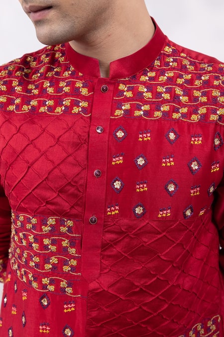 Yoseba Red Chanderi, Cotton Embroidery, Sequins Rang Zarq Mirz Quilted Kurta Set at Aza Fashions Yoseba_Red Chanderi, Cotton Embroidery, Sequins Rang Zarq Mirz Quilted Kurta Set _at_Aza_Fashions