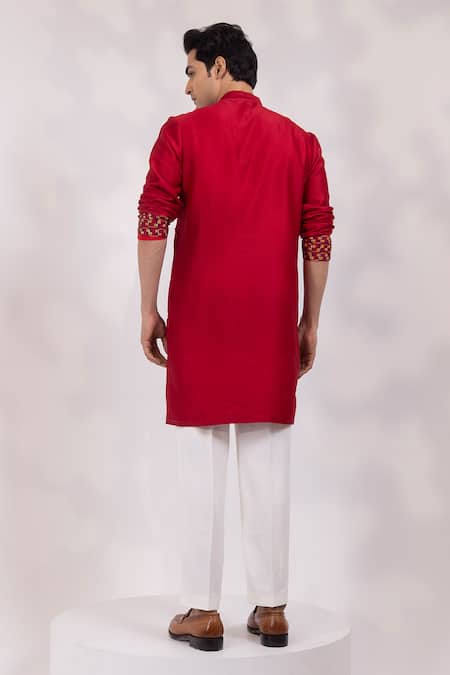 Shop Yoseba Red Chanderi, Cotton Embroidery, Sequins Rang Zarq Mirz Quilted Kurta Set at Aza Fashions Shop_Yoseba_Red Chanderi, Cotton Embroidery, Sequins Rang Zarq Mirz Quilted Kurta Set _at_Aza_Fashions