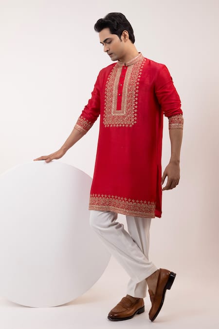 Yoseba_Red Silk, Cotton Embroidery Zarirudra Geometric Kurta And Pyjama Set _Online_at_Aza_Fashions