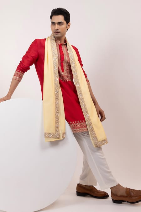 Buy_Yoseba_Red Silk, Cotton Embroidery Zarirudra Geometric Kurta And Pyjama Set _Online_at_Aza_Fashions
