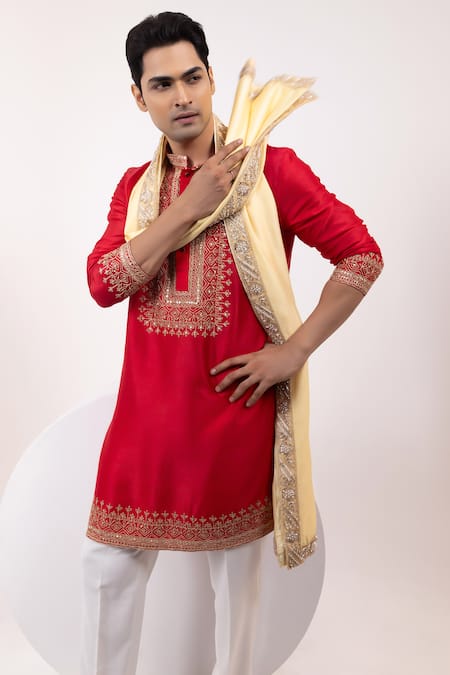 Shop_Yoseba_Red Silk, Cotton Embroidery Zarirudra Geometric Kurta And Pyjama Set _Online_at_Aza_Fashions